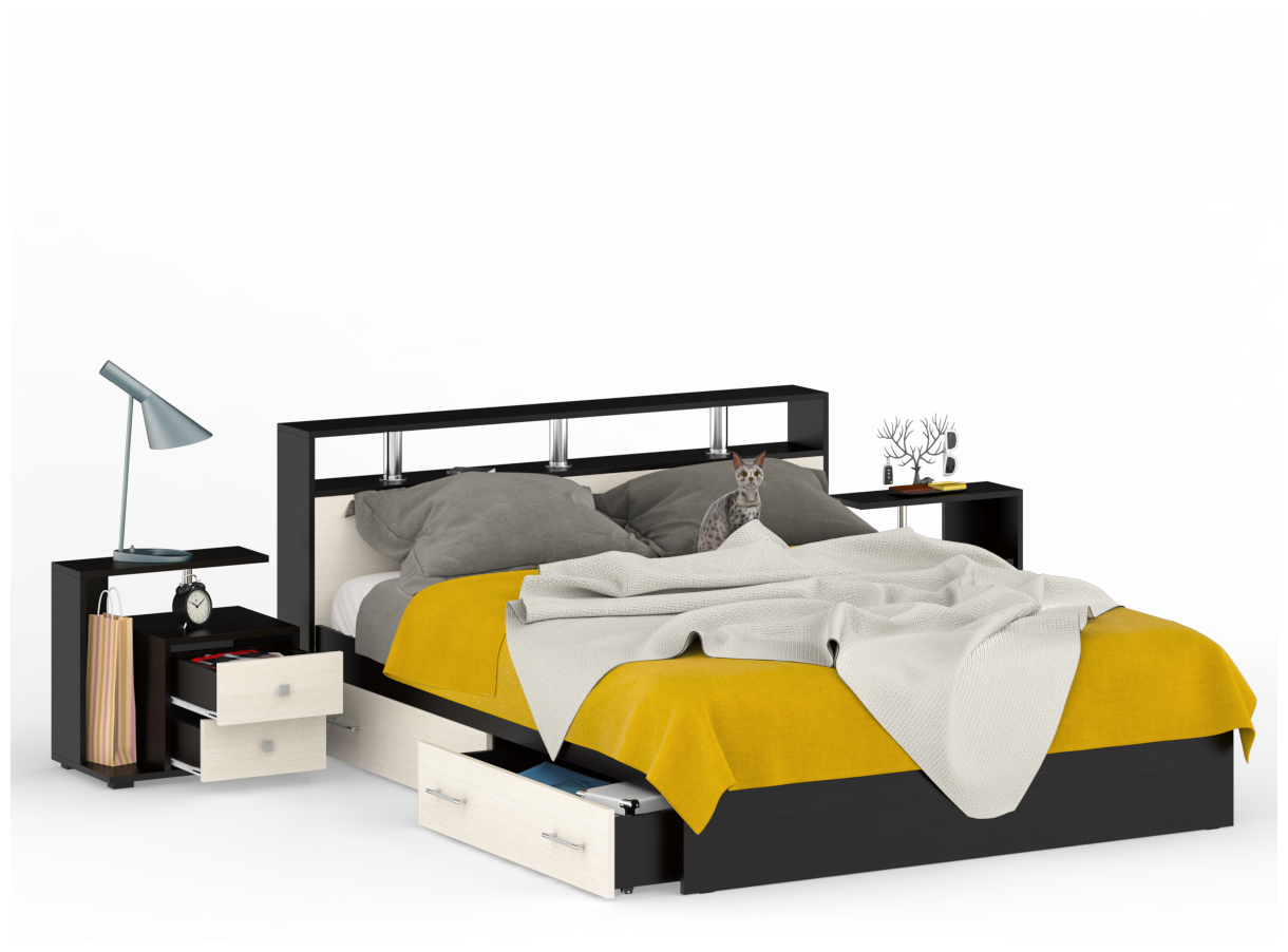 Кровать с ящиками 1600 с двумя тумбочками Камелия цвет венге/дуб лоредо