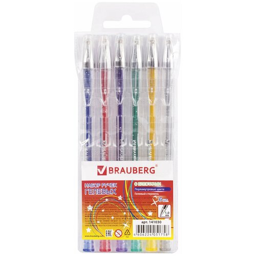 Ручки гелевые BRAUBERG Jet набор 6 цветов блестки узел 1 мм линия письма 0 8 мм, 4 шт