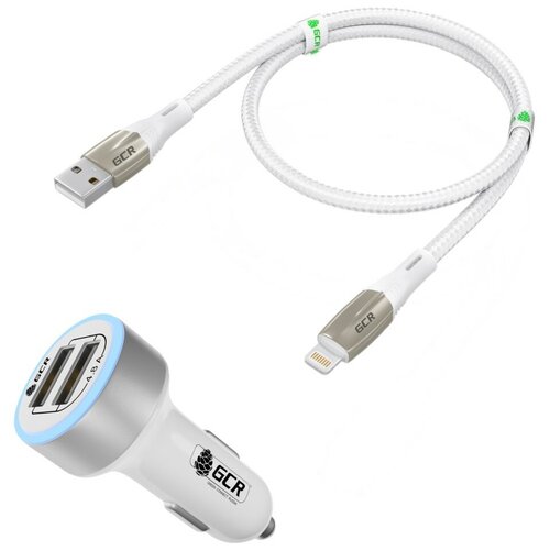 GCR Комплект автомобильное зарядное устройство на 2 USB порта 4.8A, белый, LED индикация + кабель 1.0m MicroUSB белый