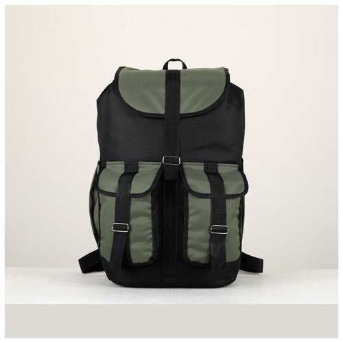 фото Рюкзак туристический, 55 л, отдел на шнурке, 3 наружных кармана, цвет черный/хаки зфтс