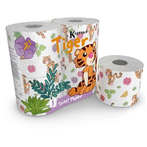 Купить TIG-TT-01 Туалетная бумага Тигр с рисунком, Kartika Collection, 3 сл, 4 рул/200 л, World Cart, WORLD CART, Туалетная бумага и полотенца