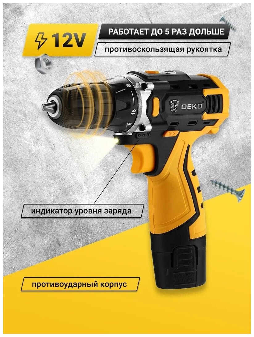 DEKO Аккумуляторная дрель-шуруповерт Banger 12V SET 1 , 26Нм, 1х1.8Ач, з/у063-4129