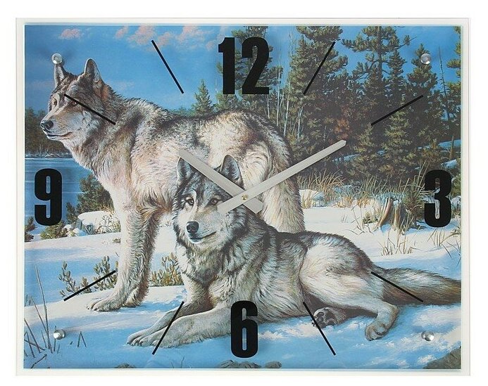 Часы настенные, серия: Животный мир, "Волки в Зимнем Лесу", 40х50 см, микс - фотография № 1