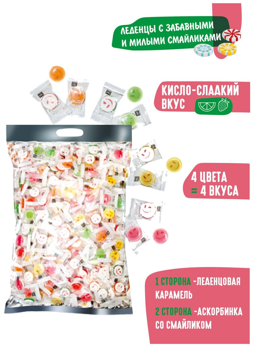 Карамель леденцовая Smile Candy микс (со вкусом лимона, клубники, манго, арбуза,) 1000г