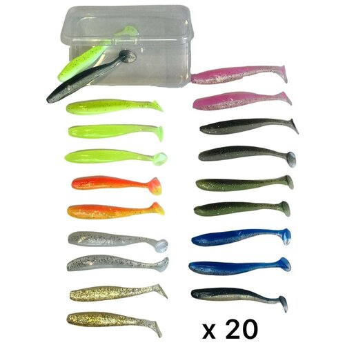 Силиконовые приманки виброхвост VOKSA 7 см, набор 20 шт. в пластикой коробке