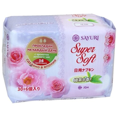 Sayuri super soft ежедневные гигиенические прокладки с ароматом зеленого чая, 2 капли, 15 см, 30+6 шт