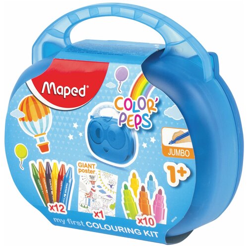 Набор для творчества MAPED Color'Peps Jumbo, 10 фломастеров, 12 утолщенных восковых мелков, раскраска, пластиковый пенал, 897416