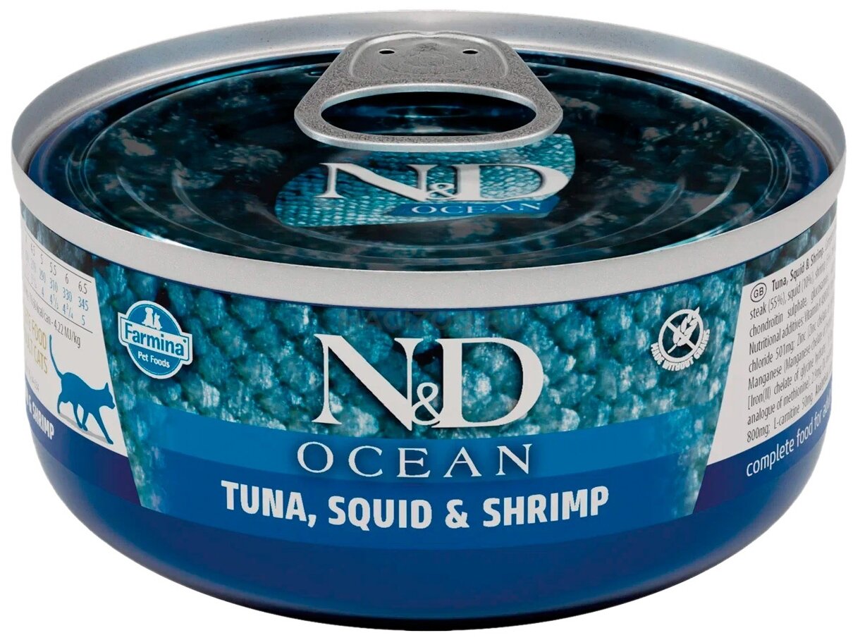 Farmina N&D Cat Ocean Tuna, Squid & Shrimp влажный корм для взрослых кошек с тунцом, кальмаром и креветками - 70 г х 24 шт