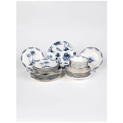 Набор фарфоровых тарелок, Столовый сервиз. Tulu Porselen. 24 предмета на 6 персон. Пляж синий, микс.