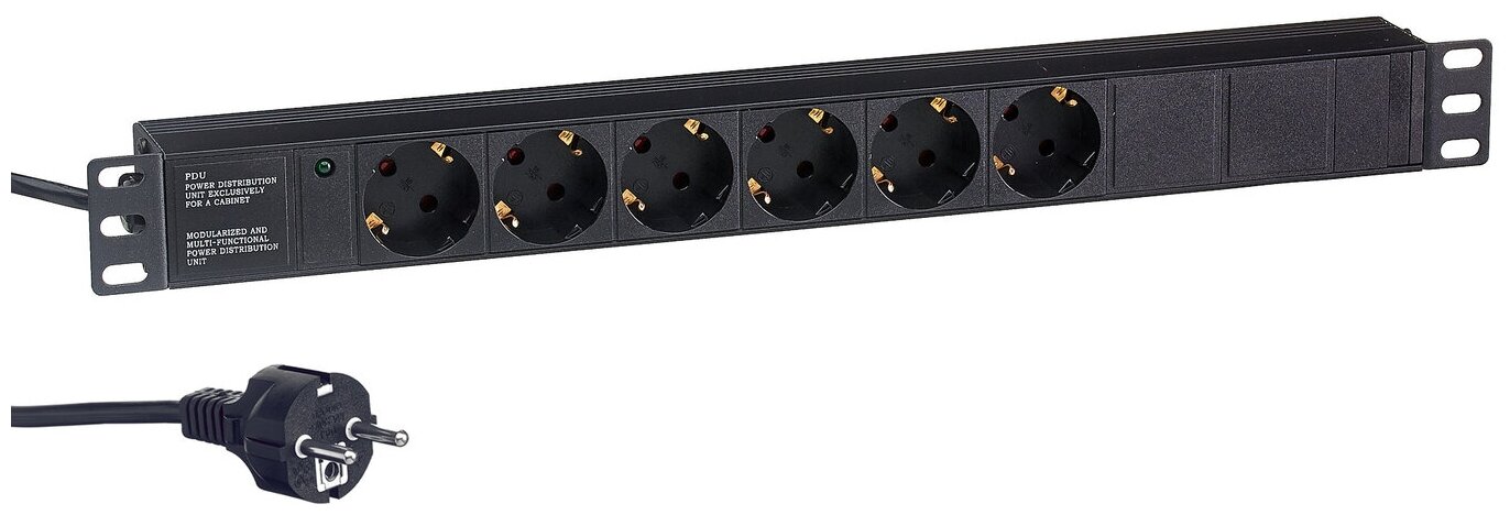 Блок розеток горизонтальный ExeGate ServerPro PDU-19H602 Al-6S-EU2CU (19", 1U, Алюминий, 6 Schuko, кабель с евровилкой VDE-250V-16A-3*1.5mm2, медь, 2метра, черный, RTL) EX280827RUS