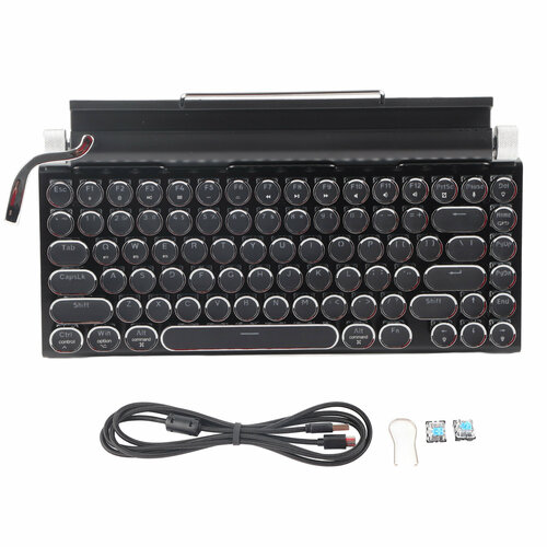Typewriter Keyboard 83 Keys Vintage Wireless Bluetooth Mechanical with Metal Round Cap Wood Grain Color