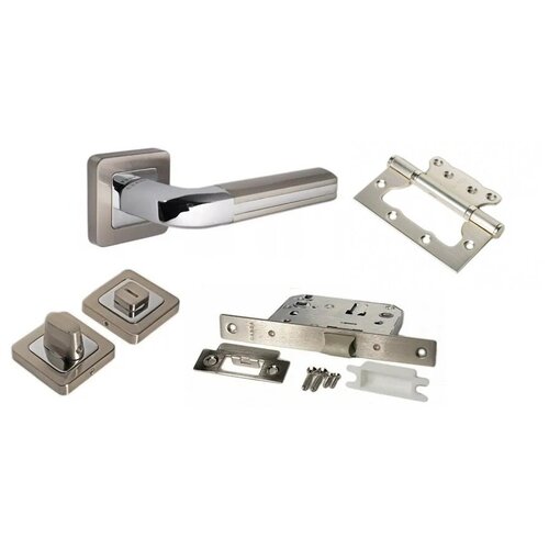 Дверная ручка межкомнатная CARDA модели бурж на квадратном основании цвет Матовый никель, хром, комплект сантехнический + петли накладные