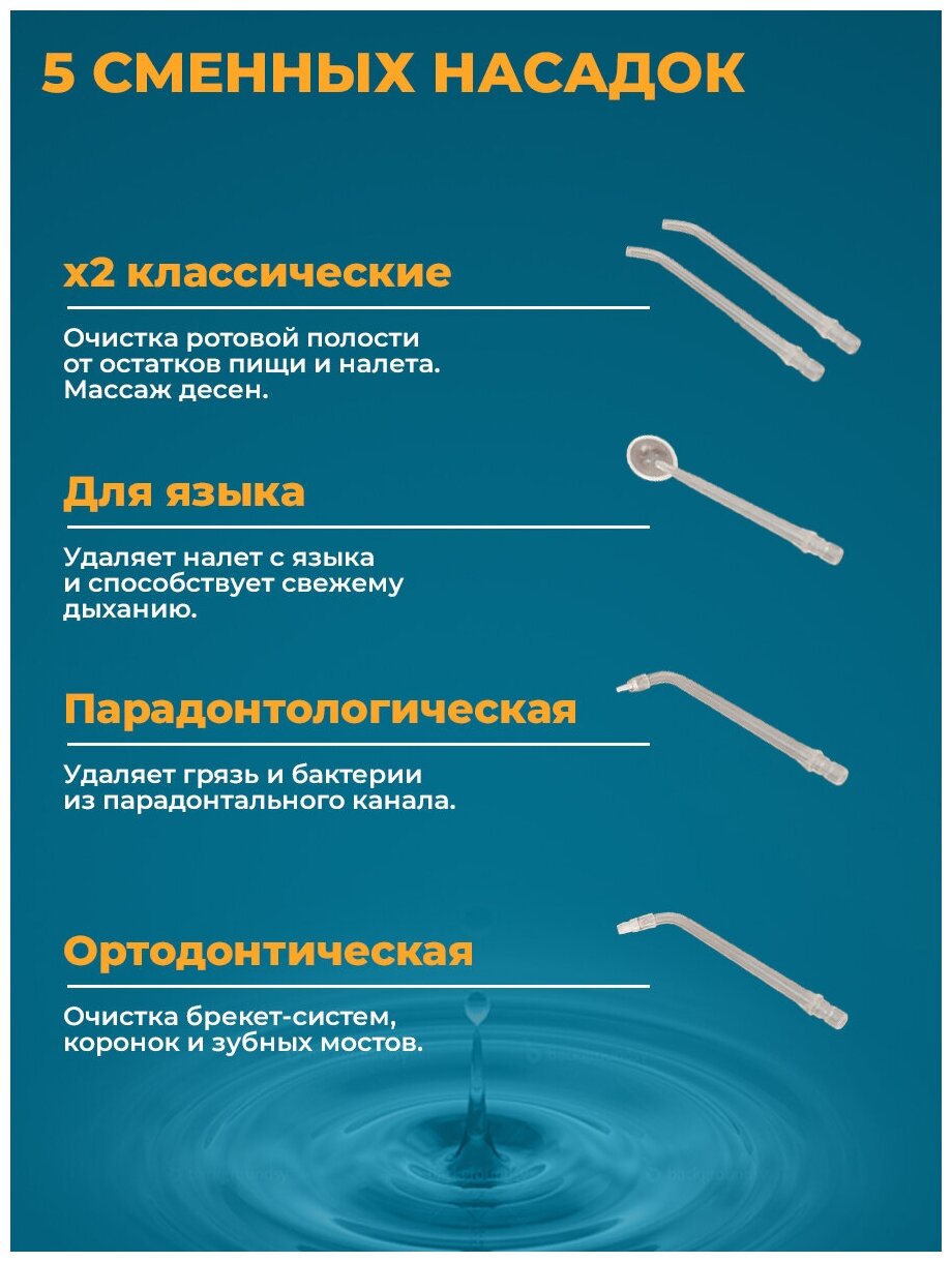 Ирригатор для полости рта портативный с 5 сменными насадками для повседневного домашнего использования, уход за зубами и деснами - фотография № 5