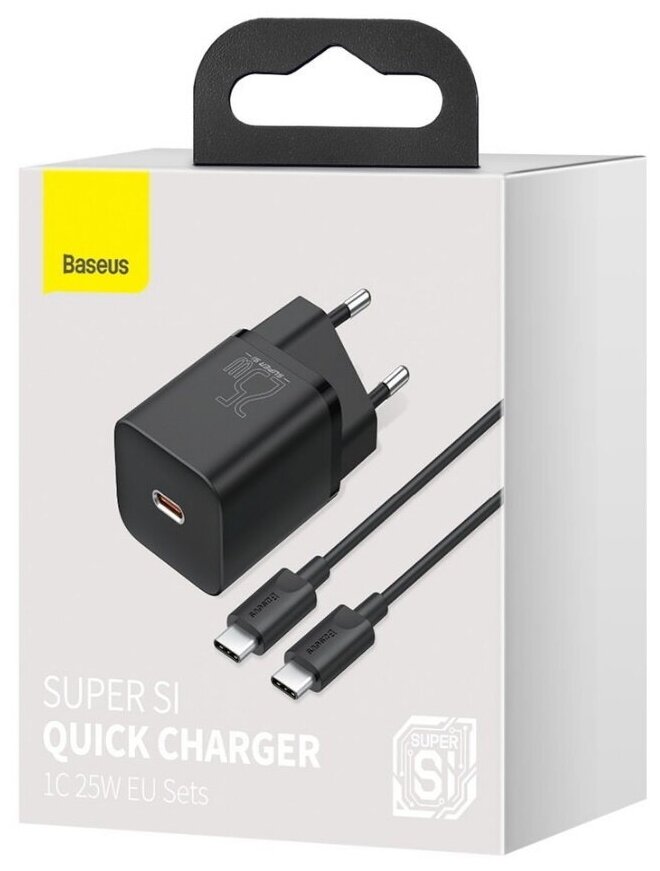 Сетевое зарядное устройство/Быстрая зарядка Baseus Super Si Quick Charger Type-C 25W (EU) Sets Black (With Mini White Cable Type-C to Type-C 3A 1m Black) TZCCSUP-L01