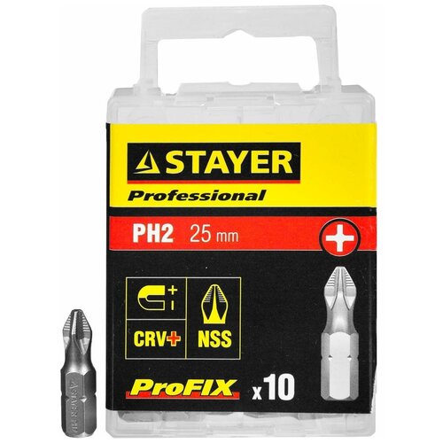 Stayer Биты Stayer Professional Profix Phillips, тип хвостовика C 1/4, № 2, L=25мм, 10шт 26201-2-25-10_z01 биты stayer professional profix phillips тип хвостовика c 1 4 2 l 25мм 10шт