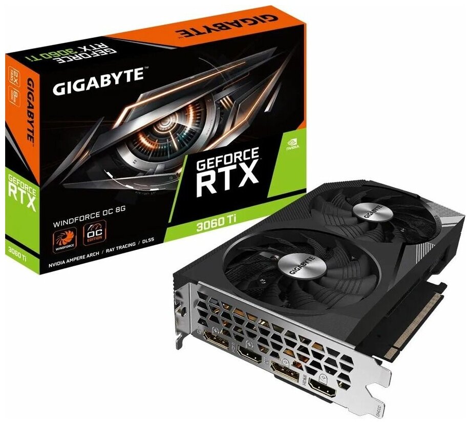 Видеокарта Gigabyte PCI-E 40 GV-N306TWF2OC-8GD NVIDIA GeForce RTX 3060Ti 8192Mb 256 GDDR6 166514000 HDMIx2 DPx2 HDCP Ret