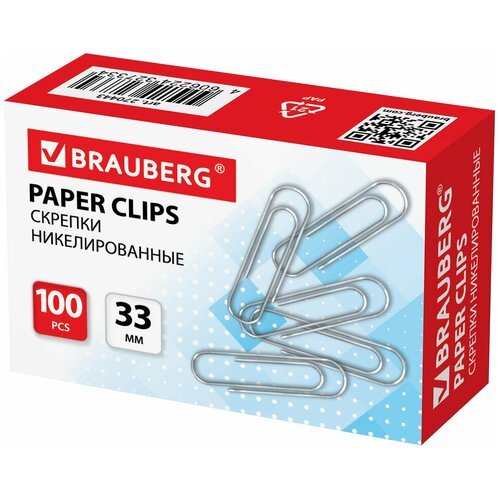 Скрепки BRAUBERG, 33 мм, никелированные, 100 шт, в картонной коробке, 270443