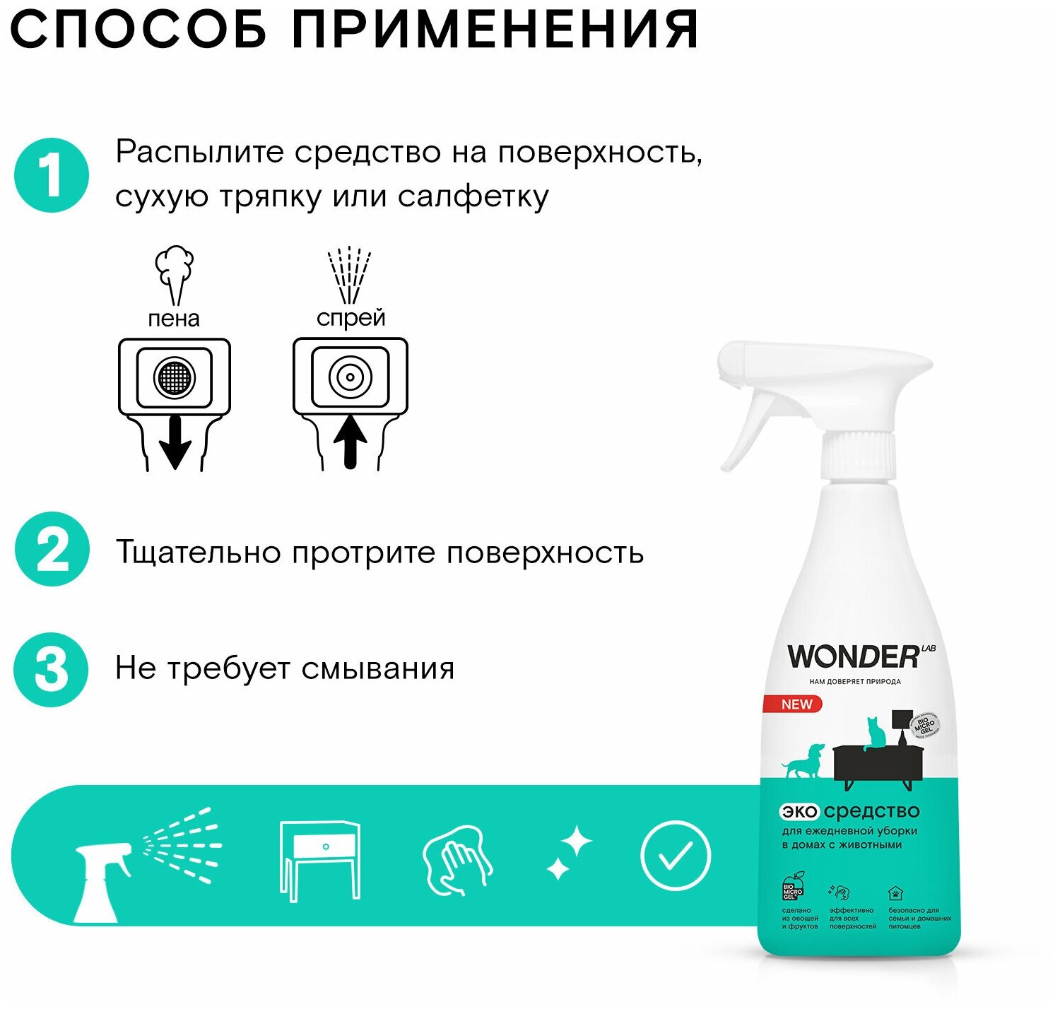 WONDER LAB Чистящее средство для уборки в домах с животными универсальное экологичное средство для удаления любых загрязнений 550 мл - фотография № 5