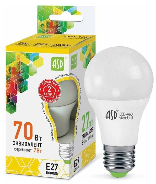 Лампа светодиодная LED-A60-standard 7Вт грушевидная 3000К тепл. бел. E27 630лм 160-260В ASD 4690612001692 ( 1шт. )