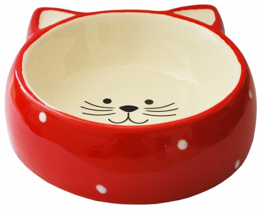 Миска керамическая №1, для кошек и собак 250 мл в форме мордочки кошки, красная, горох