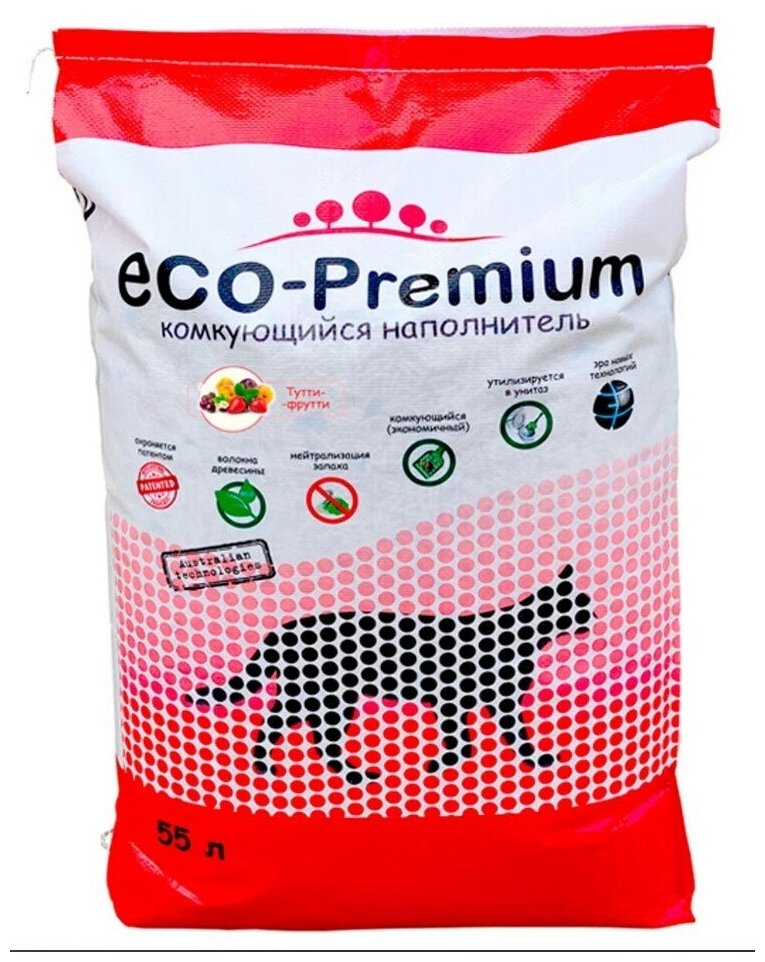 Наполнитель ECO Premium Тутти-фрутти комкующийся древесный 20,2кг 55 л