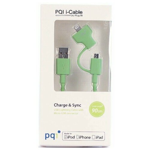 Кабель USB - microUSB/Lightning, 0.9м, PQI PQI-iCABLE-DuPlug90-GN (6PCG-008R0016A) видео кабели и переходники atcom usb 2 0 a m microusb b m 0 8м at9174