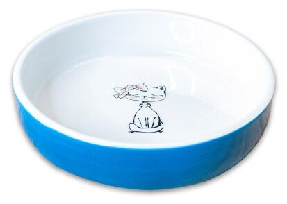 Миска керамическая КерамикАрт для кошек 370мл Кошка с бантиком, голубая - фотография № 3
