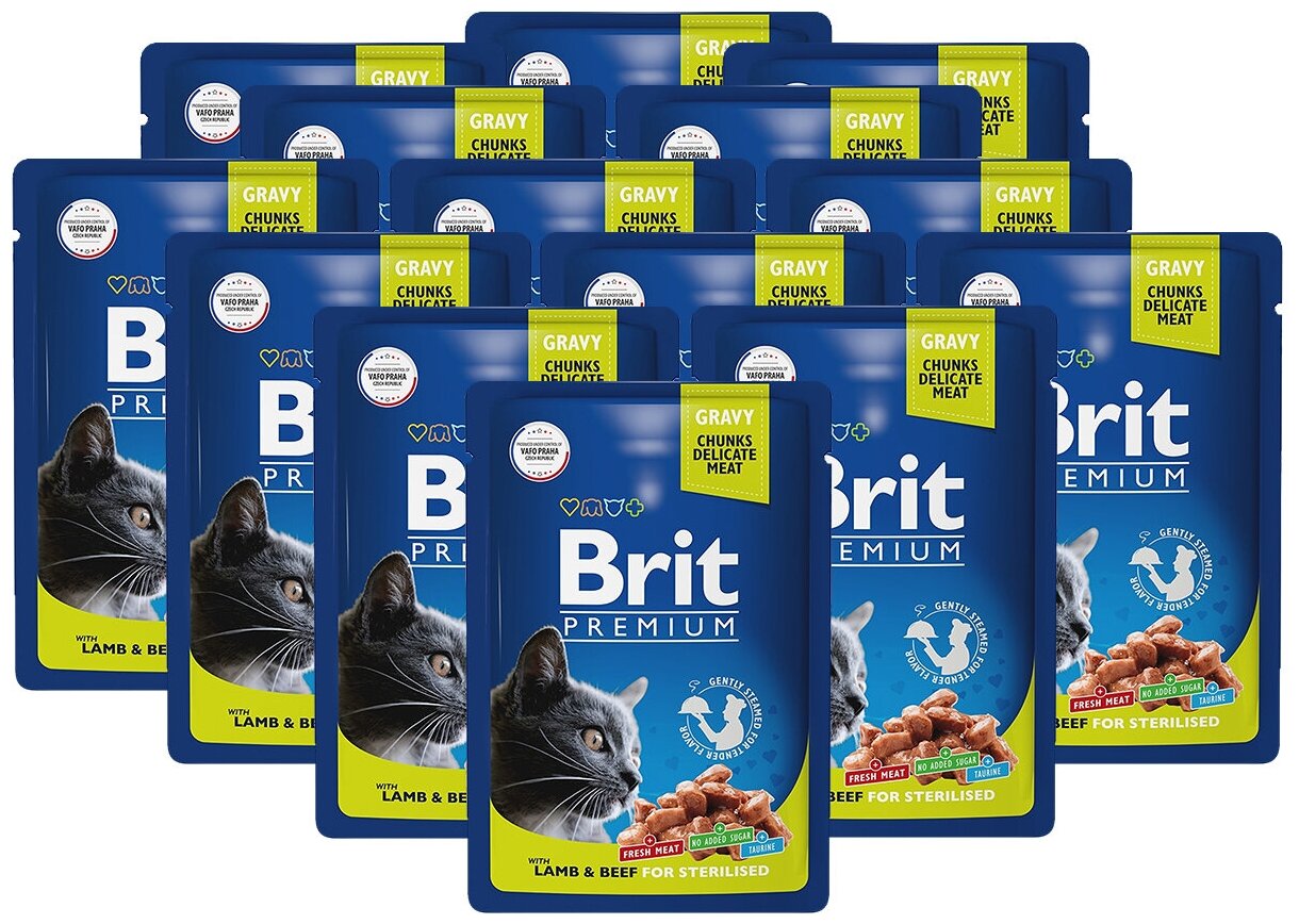 Корм Brit Premium Sterilised Lamb & Beef (в соусе) для стерилизованных кошек, ягненок и говядина, 85 г x 14 шт - фотография № 1