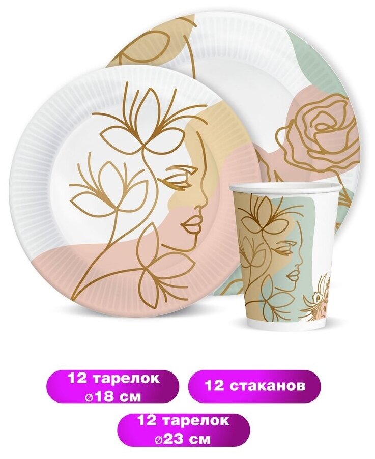 Набор бумажной одноразовой посуды для праздника Цветы. Дизайн 2 (тарелка мал, тарелка бол, стакан, по 12 шт.) ND Play