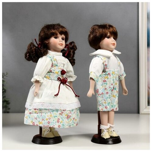 Кукла коллекционная парочка, набор 2 штуки Стася и Егор в нарядах в цветочек 30 см