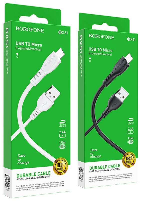 Кабель Borofone BX51, microUSB - USB, 2.4 А, 1 м, PVC оплётка, белый