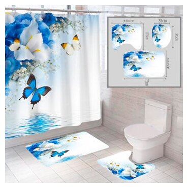 Комплект штора и 2 коврика для ванной комнаты "Бабочка-1"