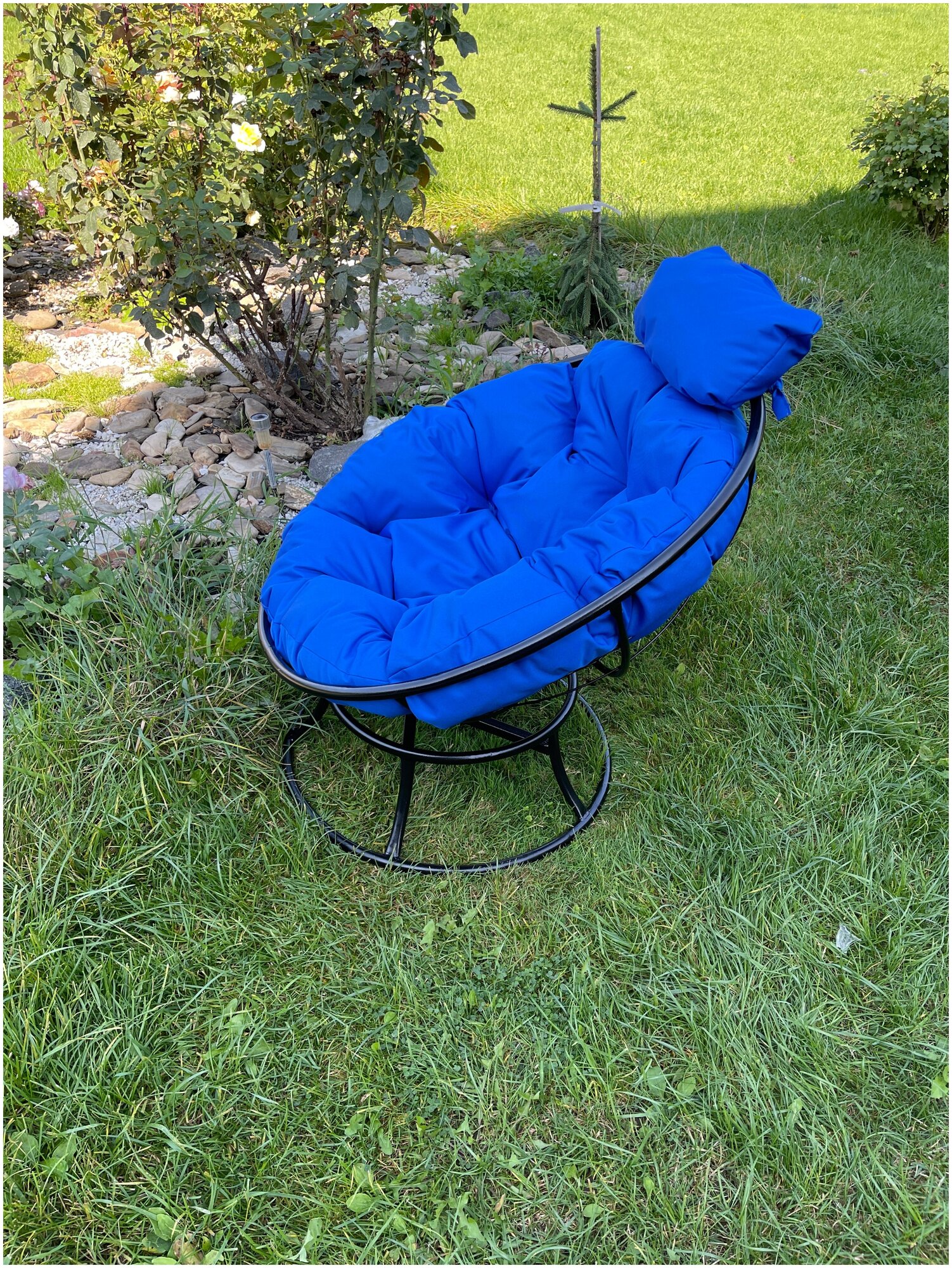 Кресло m-group папасан пружинка мини коричневое, синяя подушка - фотография № 8