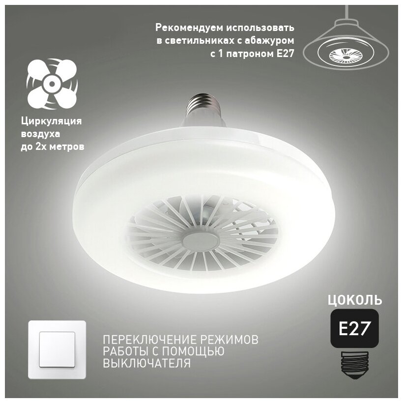 Управляемая светодиодная лампа-вентилятор FAN LAMP 24W+4W E27 R-ON/OFF-270x143-WHITE-220-IP20