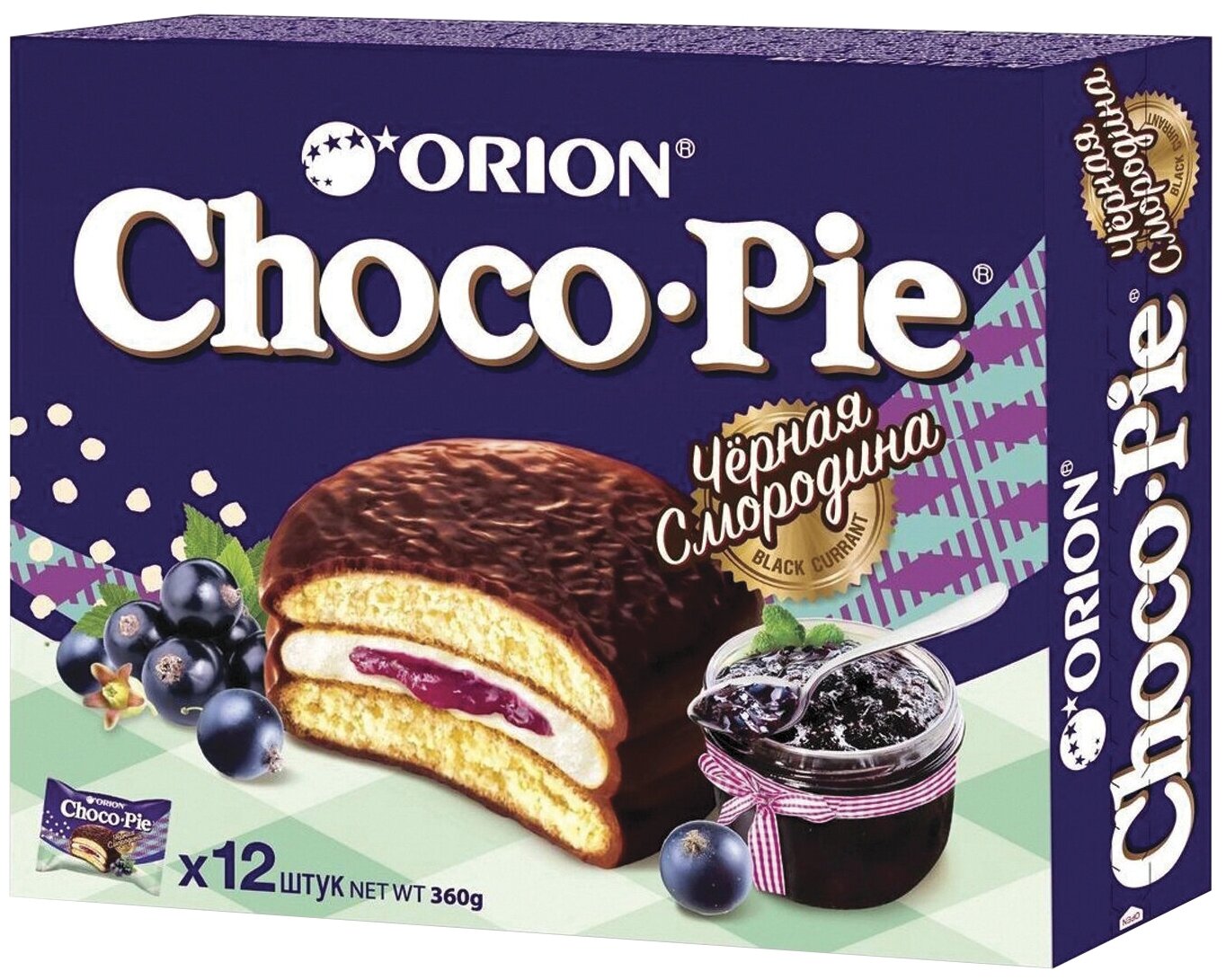 Пирожное Orion Choco Pie Black Currant, шоколад, черная смородина, 12 шт. в уп.