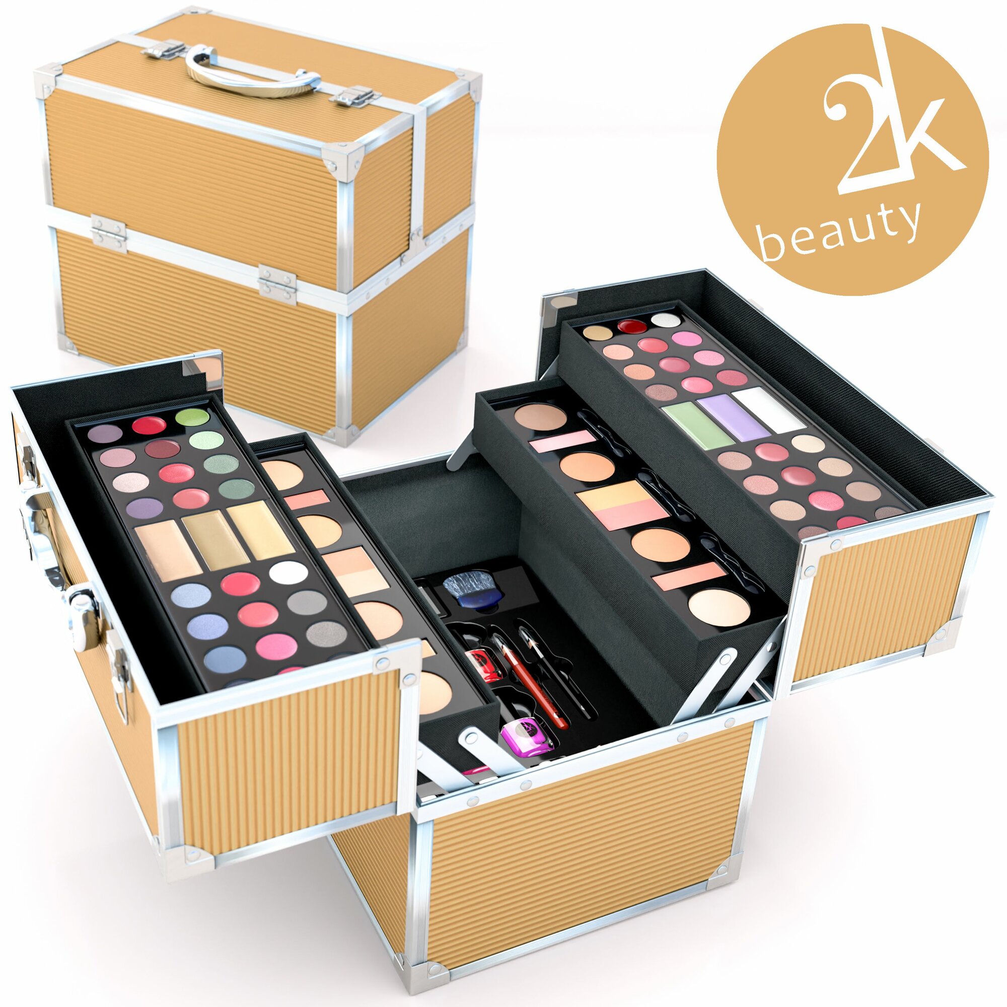 Подарочный бьюти бокс чемодан 2K Beauty / состав набора: тени для век, блеск для губ, консилер, румяны, пудра, помада, лак для ногтей / Косметический набор №24 (Super Model Gold) — фото 1