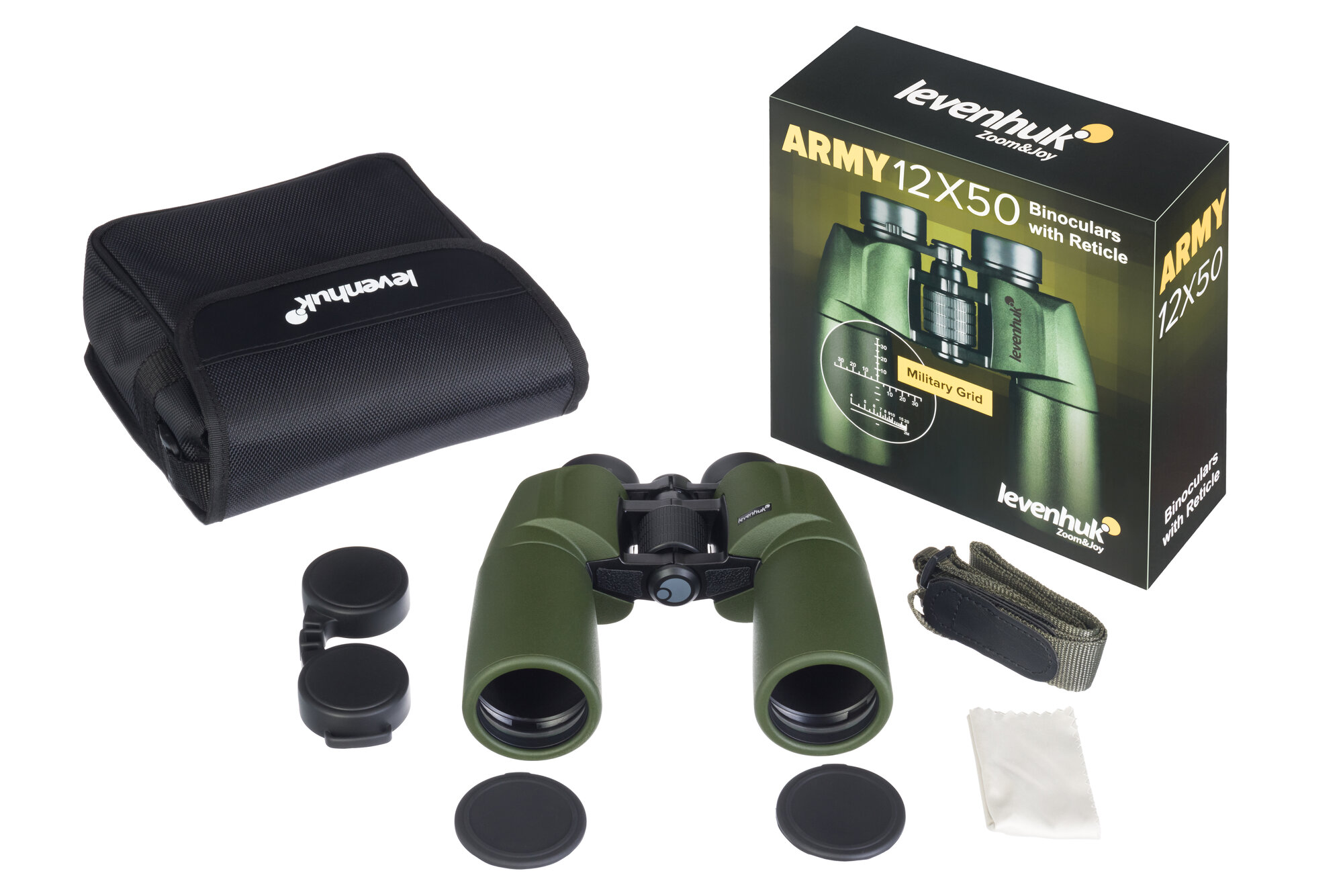 Бинокль Levenhuk Army 12x50 с сеткой, материал оптики - BAK-4, Porro призмы, корпус алюминий — фото 1