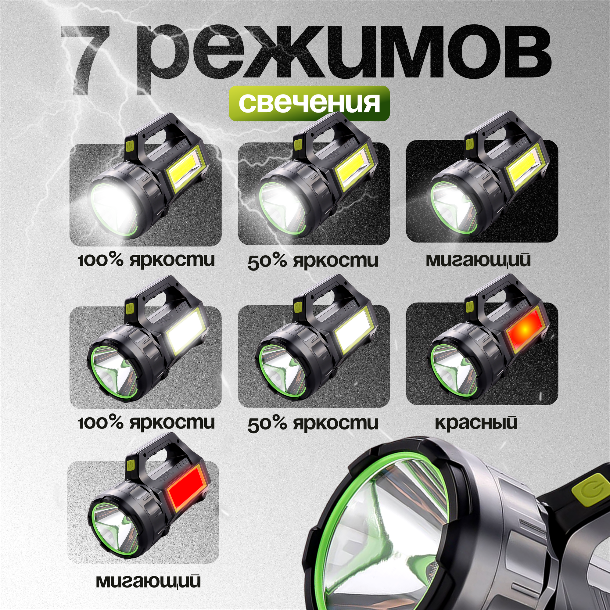 Фонарь светодиодный аккумуляторный ручной на солнечной батарее 7 режимов работы c функцией Power bank — фото 1