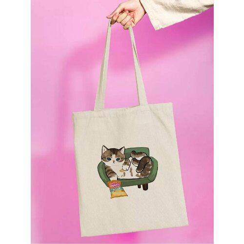 фото Сумка шоппер с принтом котик, бежевый jojo print