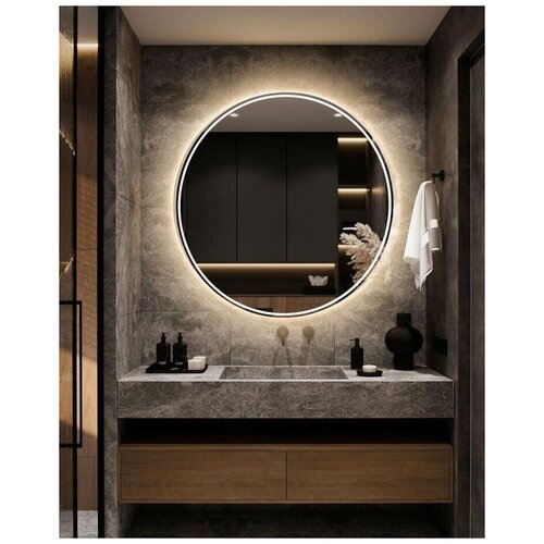 Зеркало настенное с подсветкой парящее круглое 80*80см окантовка 2 см для ванной тёплый свет 3000 К сенсорное управление