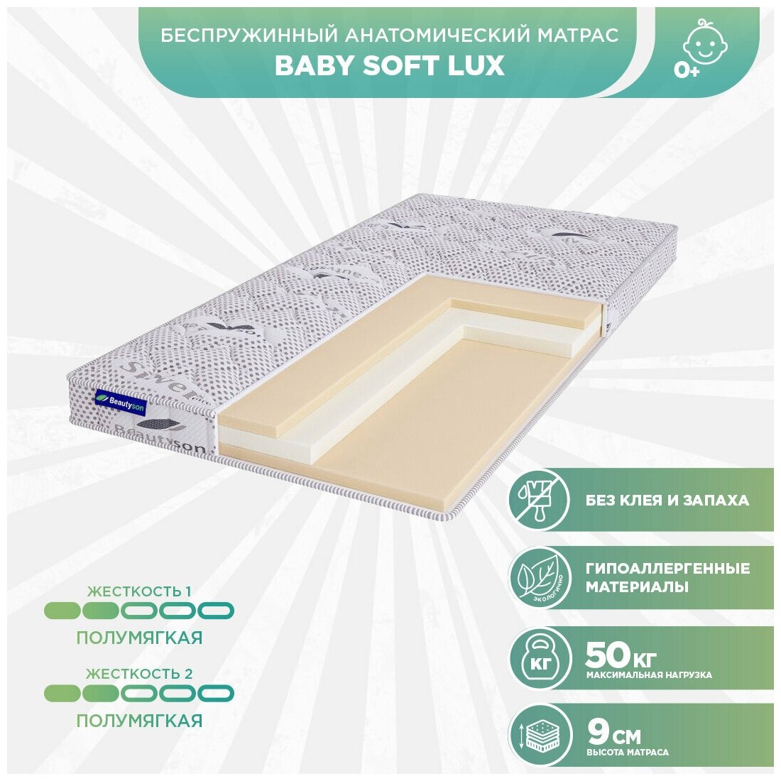 Матрас детский беспружинный Beautyson Baby Soft LUX 60x120 (Белый), без клея и запаха