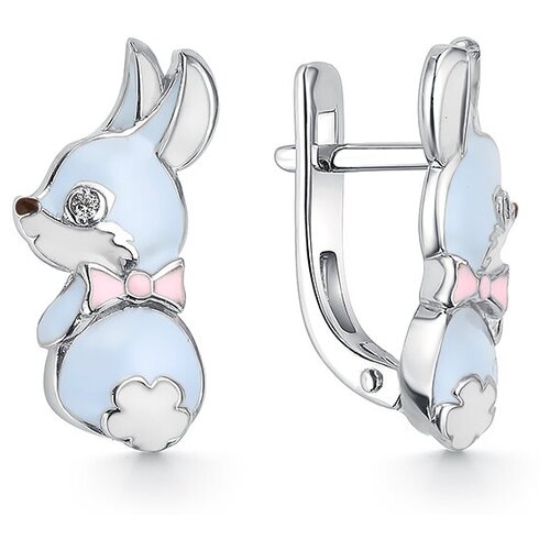 Детские серебряные серьги Зайчики 925 пробы с эмалью и фианитом голубые.