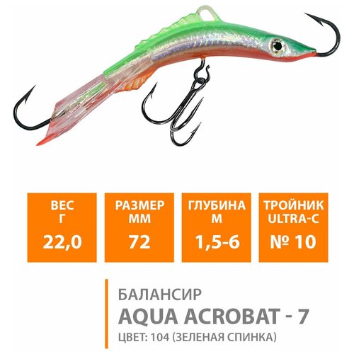 фото Балансир для зимней рыбалки aqua acrobat-7 72,0mm, вес - 22,0g, цвет 104 (зеленая спинка)