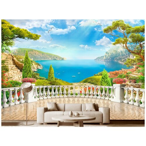 Фотообои на стену флизелиновые Модный Дом Терраса с видом на озеро 400x280 см (ШxВ)