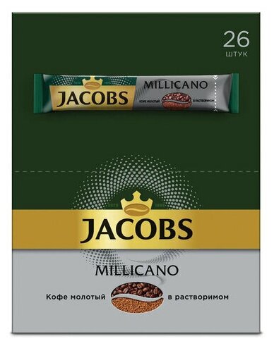 Кофе растворимый JACOBS Millicano, комплект 5 шт., сублимированный, комплект 26 пакетиков по 1.8г, ш/к 78134, 4251154 - фотография № 1