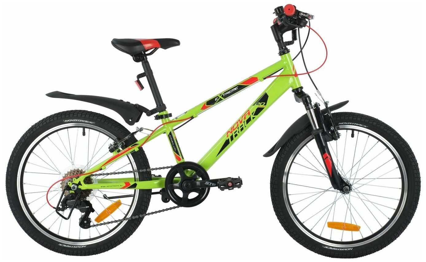 Велосипед NOVATRACK EXTREME 20" (2021) (Велосипед NOVATRACK 20" EXTREME зеленый, сталь, 6 скор, Shimano TY21/Microshift TS38, V- brake тор)