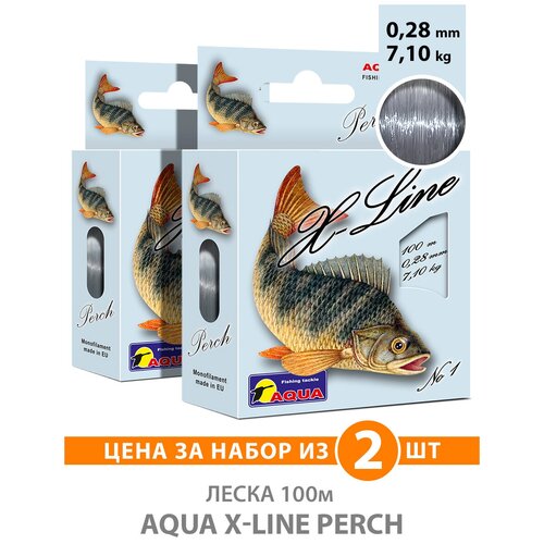 Леска для рыбалки AQUA X-Line Perch (Окунь) 100m, 0,28mm, 7,10kg / для спиннинга, троллинга, фидера, удочки / серо-стальной (набор 2 шт)