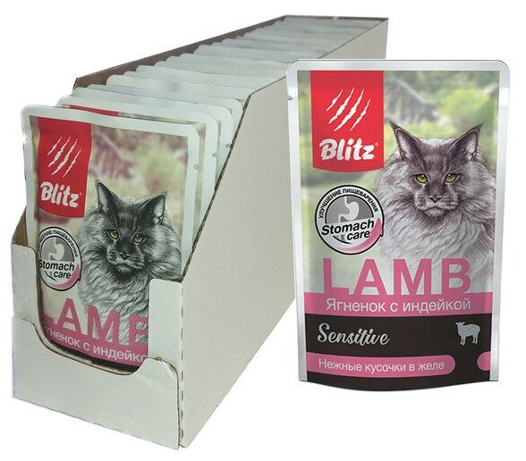Консервированный корм BLITZ для кошек Ягненок с индейкой, кусочки в желе 85 гр Х 24 шт