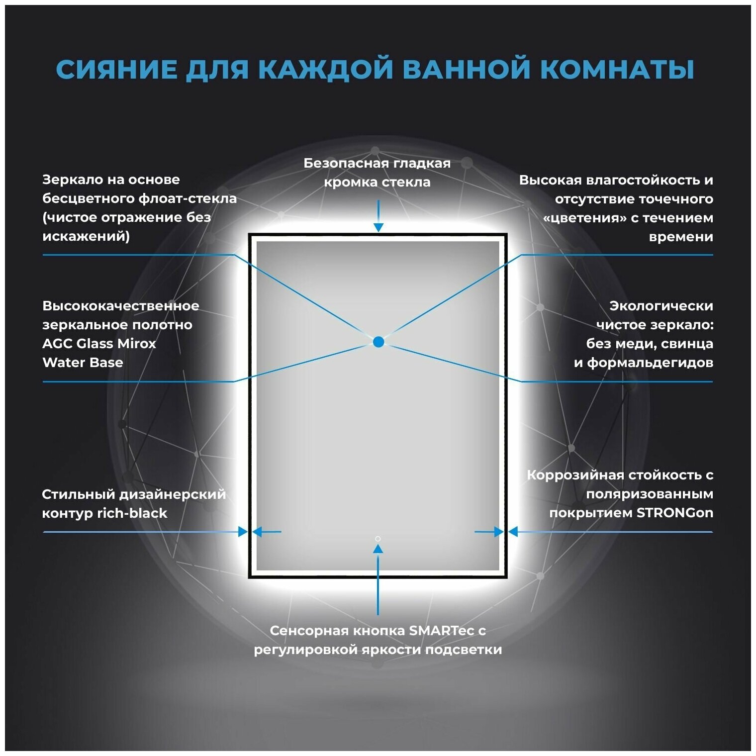 Настенное зеркало в ванную с подсветкой для макияжа Wellsee 7 Rays' Spectrum 172201120 : влагостойкое зеркало 40х65 см с черным матовым контуром - фотография № 3