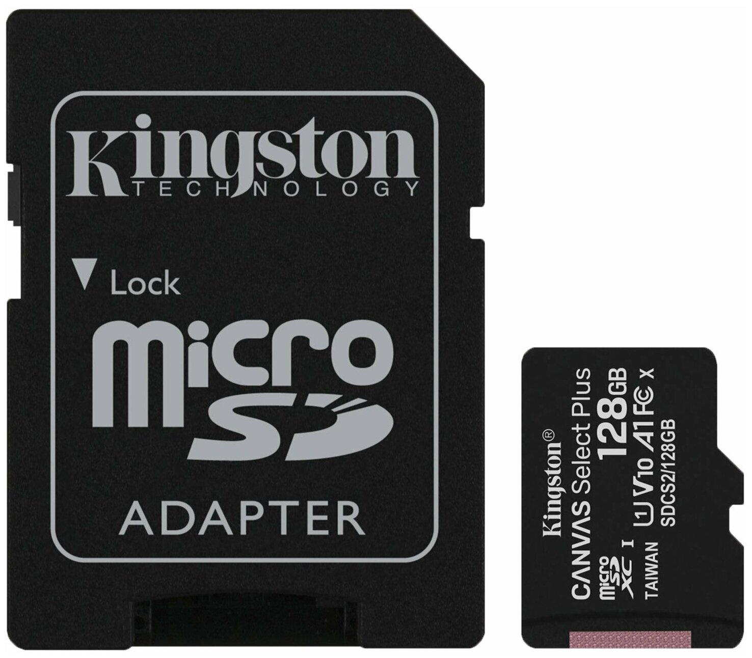 Карта памяти Kingston microSDXC 128 гб, Canvas Select Plus 100 Мб, адаптер (SDCS2/128GB)